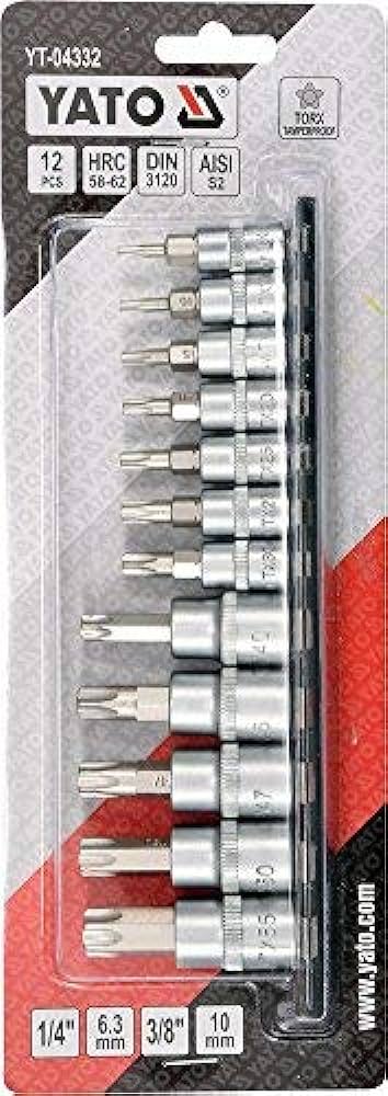 Bộ mũi vít hoa thị có lỗ T8-T55 12 chi tiết 1/4"-3/8" Yato YT-04332 - Ba Lan Bộ mũi vít hoa thị có lỗ T8-T55 12 chi tiết 1/4"-3/8" Yato YT-04332 - Ba Lan