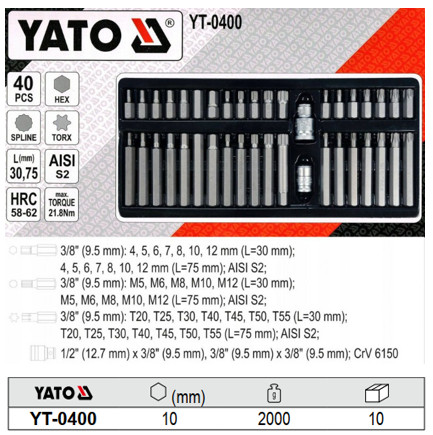 Bộ Mũi Lục Giác - Torx - Spline 40 Chi Tiết YATO YT-0400 Bộ Mũi Lục Giác - Torx - Spline 40 Chi Tiết YATO YT-0400