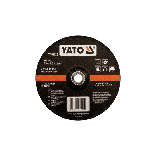 Đĩa Mài Kim Loại YATO YT-6121 đến YT-6125 – Φ115mm đến Φ230mm, Độ Dày 6.0mm, Chuyên Dụng Mài Thép, Kim Loại Tổng Hợp