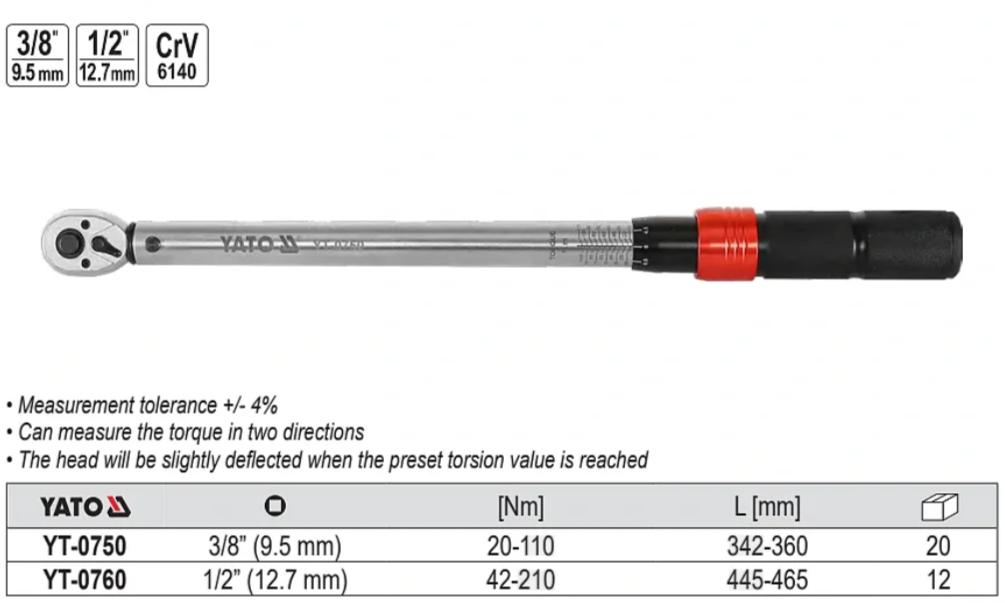 Cờ lê Cân Lực YATO YT-0750 & YT-0760 Cờ Lê Lực YATO YT-0750 (3/8") và YT-0760 (1/2"): Dụng Cụ Chuyên Nghiệp Cho Lực Siết Chính Xác Cao