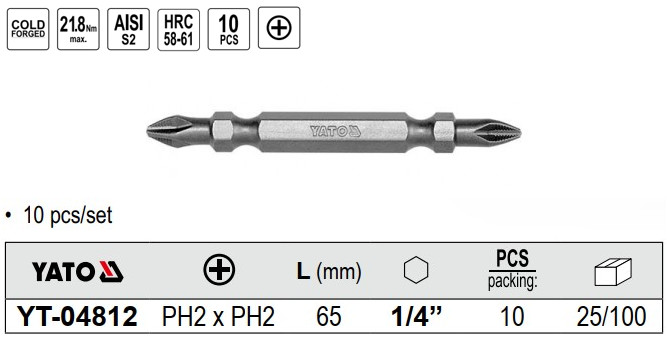 Bộ 10 mũi vít 4 cạnh PH2x65mm 19.6Nm chuôi 1/4" chống trượt Yato YT-04812 - Ba Lan Bộ 10 mũi vít 4 cạnh PH2x65mm 19.6Nm chuôi 1/4" chống trượt Yato YT-04812 - Ba Lan