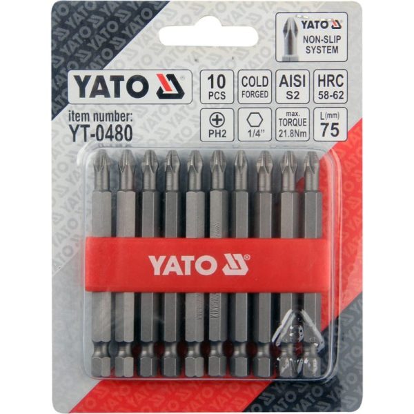 Bộ 10 mũi vít 4 cạnh PH2x75mm 21.8Nm chuôi 1/4" chống trượt Yato YT-0480 - Ba Lan Bộ 10 mũi vít 4 cạnh PH2x75mm 21.8Nm chuôi 1/4" chống trượt Yato YT-0480 - Ba Lan