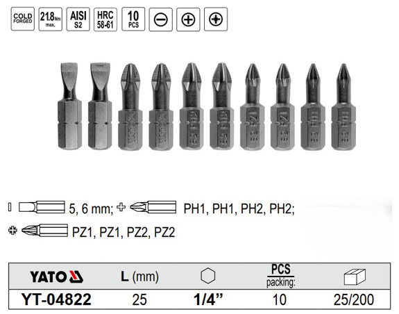Bộ 10 mũi vít đa năng 25mm chuôi 1/4" chống trượt Yato YT-04822 - Ba Lan Bộ 10 mũi vít đa năng 25mm chuôi 1/4" chống trượt Yato YT-04822 - Ba Lan
