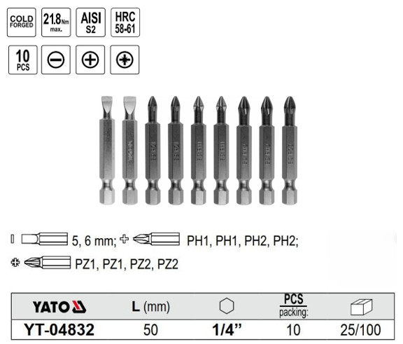 Bộ 10 mũi vít đa năng 50mm chuôi 1/4" chống trượt Yato YT-04832 - Ba Lan Bộ 10 mũi vít đa năng 50mm chuôi 1/4" chống trượt Yato YT-04832 - Ba Lan