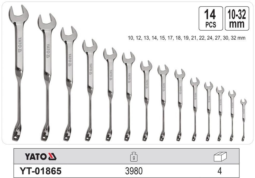 Bộ 14 Cờ lê vòng miệng tay đòn 10-32mm Yato YT-01865 - Ba Lan Bộ 14 Cờ lê vòng miệng tay đòn 10-32mm Yato YT-01865 - Ba Lan