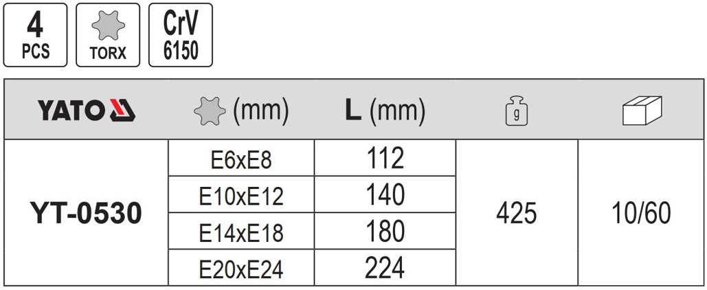 Bộ 4 Cờ Lê Hoa Thị Ngoài (E-Torx) YATO YT-0530 (E6-E24) Bộ 4 Cờ Lê Hoa Thị Ngoài (E-Torx) YATO YT-0530 (E6-E24)