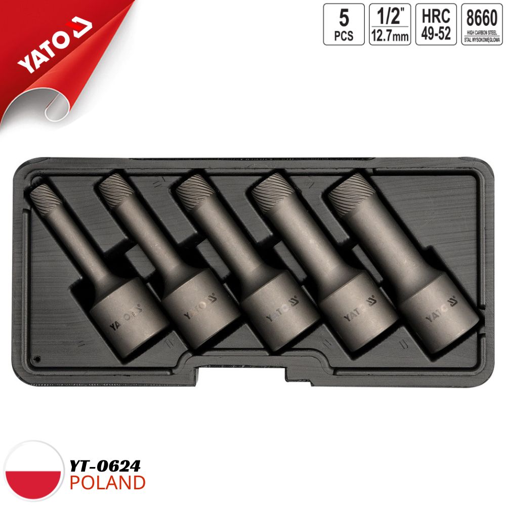 Bộ 5 khẩu 1/2" nhổ ốc bulong hỏng 8-16mm đảo chiều Yato YT-0624 - Ba Lan Bộ 5 khẩu 1/2" nhổ ốc bulong hỏng 8-16mm đảo chiều Yato YT-0624 - Ba Lan