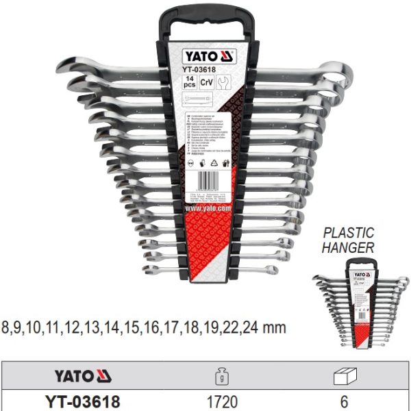 Bộ cờ lê vòng miệng hệ Mét 14 chi tiết Yato 8-24mm YT-03618 Yato Ba Lan Bộ cờ lê vòng miệng hệ Mét 14 chi tiết Yato 8-24mm YT-03618 Yato Ba Lan