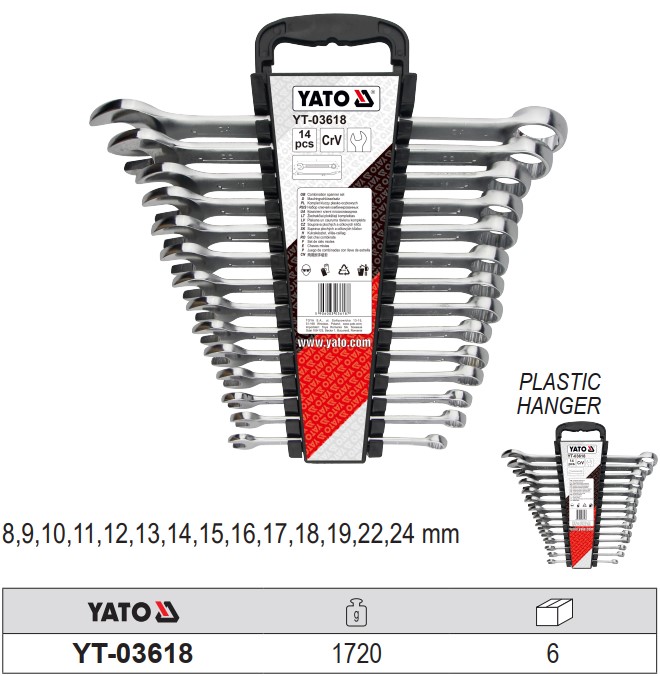 Bộ cờ lê vòng miệng hệ Mét 14 chi tiết Yato 8-24mm YT-03618 Yato Ba Lan Bộ cờ lê vòng miệng hệ Mét 14 chi tiết Yato 8-24mm YT-03618 Yato Ba Lan