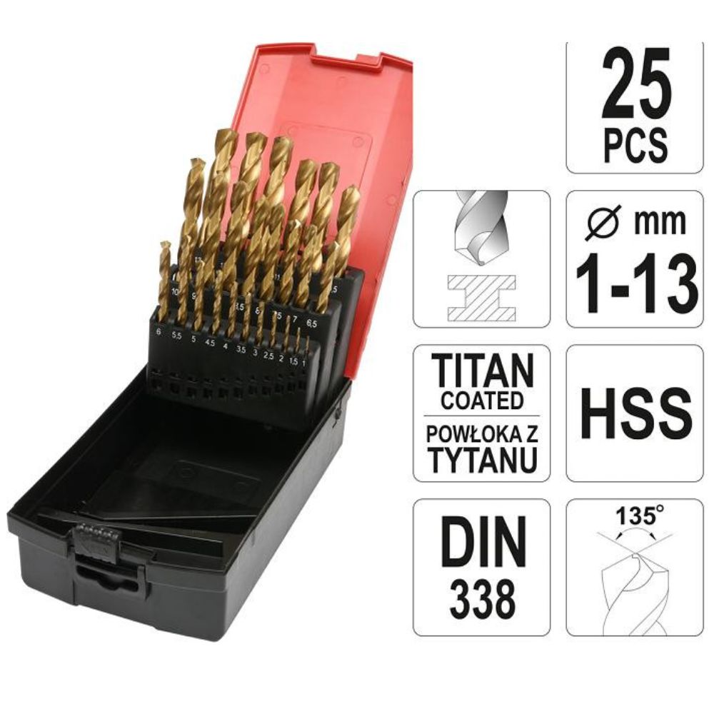 Bộ Mũi Khoan Xoắn YATO YT-44676 – 25 Chi Tiết, HSS, Phủ Titan, Chuẩn DIN 338, Ø1-13mm Bộ Mũi Khoan Xoắn YATO YT-44676 – 25 Chi Tiết, HSS, Phủ Titan, Chuẩn DIN 338, Ø1-13mm