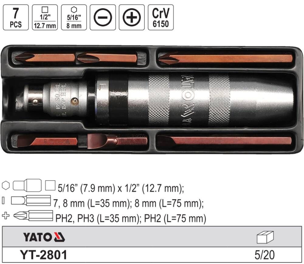 Bộ Tô vít Đóng Tự Động 8 Chi Tiết YATO YT-2801 Bộ Tô vít Đóng Tự Động 8 Chi Tiết YATO YT-2801