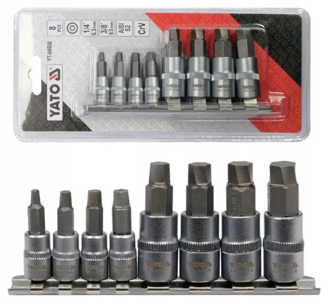 Bộ tuýp 1/4" 3/8" mũi lục giác xoắn tháo gỡ ốc lục giác 8 chi tiết Yato YT-04580 - Ba Lan Bộ tuýp 1/4" 3/8" mũi lục giác xoắn tháo gỡ ốc lục giác 8 chi tiết Yato YT-04580 - Ba Lan