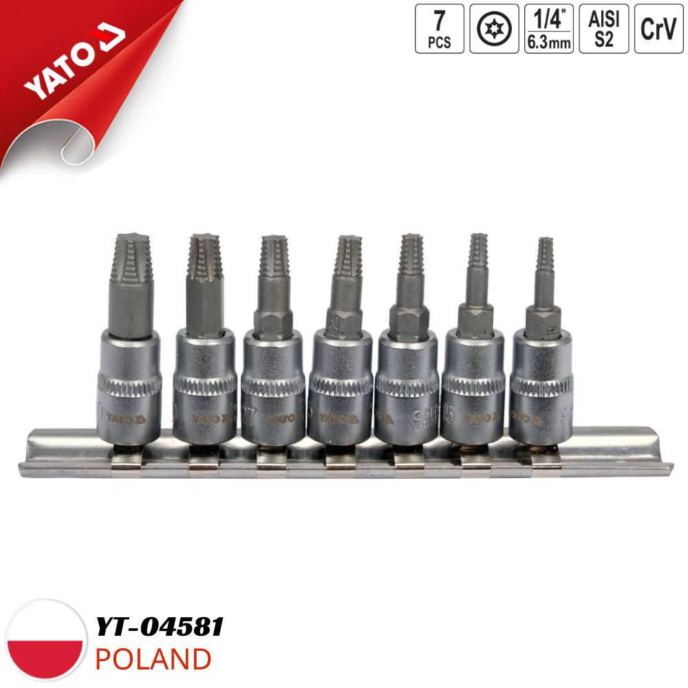 Bộ tuýp 1/4" mũi sao xoắn tháo gỡ ốc sao bị hỏng 7 chi tiết Yato YT-04581 - Ba Lan Bộ tuýp 1/4" mũi sao xoắn tháo gỡ ốc sao bị hỏng 7 chi tiết Yato YT-04581 - Ba Lan