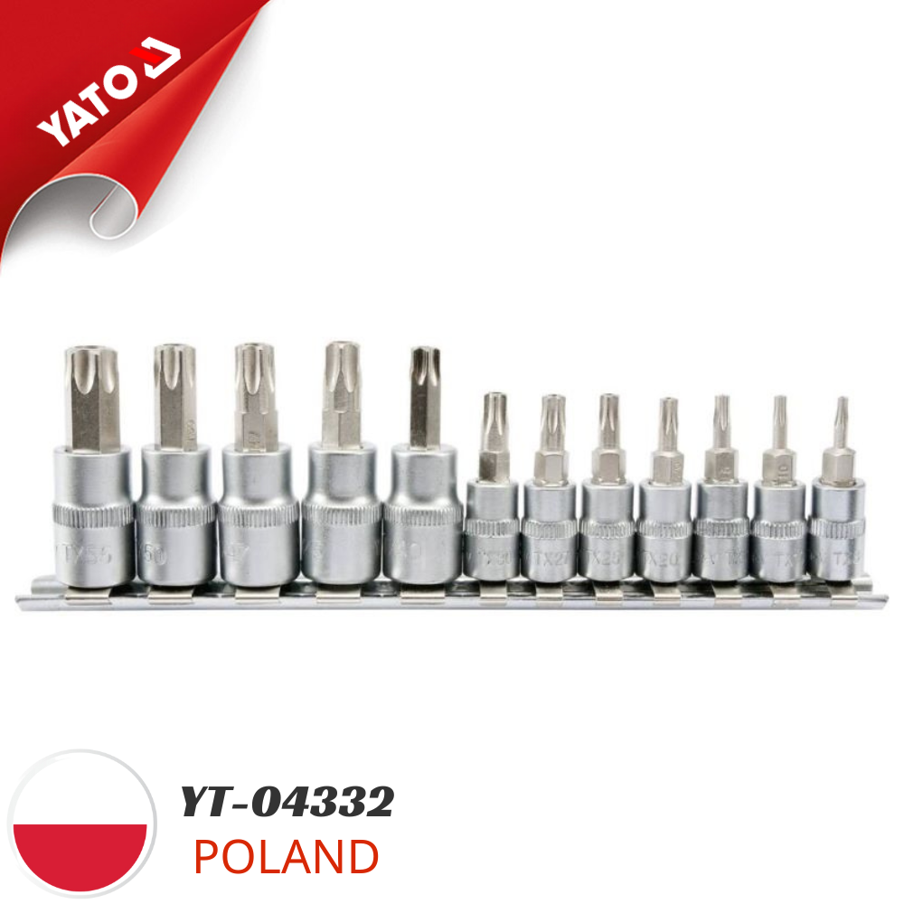 Bộ mũi vít hoa thị có lỗ T8-T55 12 chi tiết 1/4"-3/8" Yato YT-04332 - Ba Lan Bộ mũi vít hoa thị có lỗ T8-T55 12 chi tiết 1/4"-3/8" Yato YT-04332 - Ba Lan