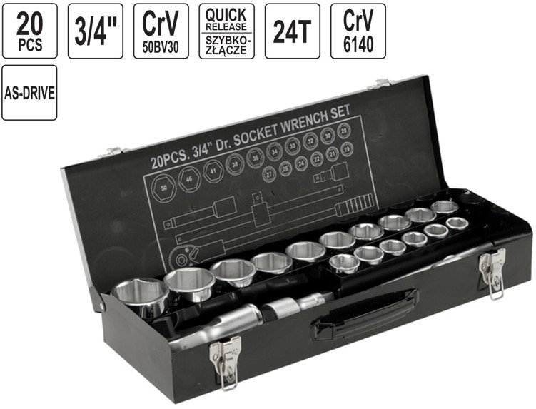 Bộ tuýp tay vặn 3/4" 19-50mm 20 chi tiết Yato YT-1335 - Ba Lan Bộ tuýp tay vặn 3/4" 19-50mm 20 chi tiết Yato YT-1335 - Ba Lan