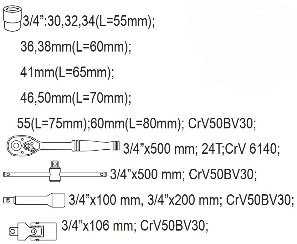 Bộ tuýp tay vặn 3/4" 30-60mm 15 chi tiết Yato YT-1334 - Ba Lan Bộ tuýp tay vặn 3/4" 30-60mm 15 chi tiết Yato YT-1334 - Ba Lan