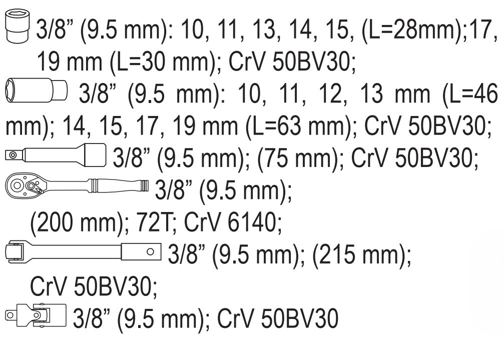 Bộ tuýp vặn tay tổng hợp 3/8" 19 món Yato YT-38641 - Ba Lan Bộ tuýp vặn tay tổng hợp 3/8" 19 món Yato YT-38641 - Ba Lan