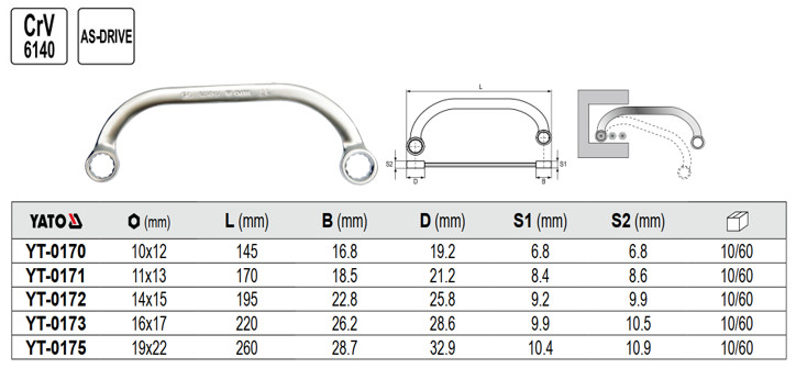 Cờ Lê Bán Nguyệt 2 Đầu Vòng YATO (C-Type Spanner) Cờ Lê Bán Nguyệt 2 Đầu Vòng YATO (C-Type Spanner)