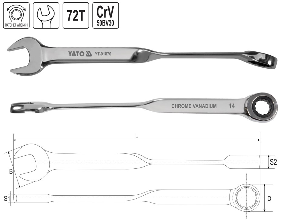 Cờ lê vòng miệng tay đòn tự động lật đảo chiều size: 8mm - 19 mm Yato YT-01870 - Ba Lan Cờ lê vòng miệng tay đòn tự động lật đảo chiều size: 8mm - 19 mm Yato YT-01870 - Ba Lan