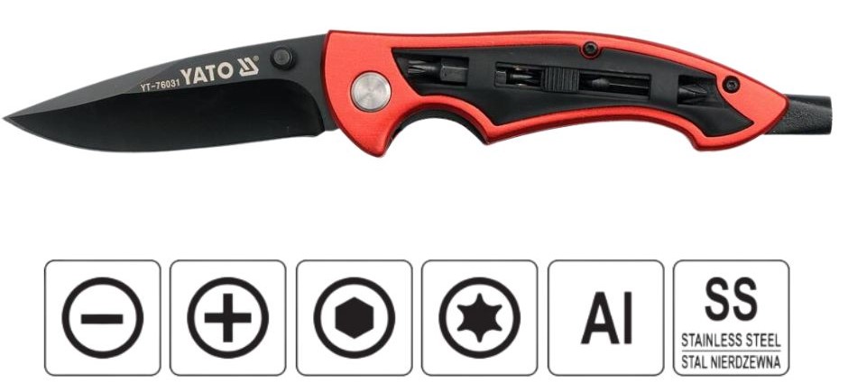 Dao Gấp Kèm Đầu Vít YATO YT-76031 – Lưỡi Thép Không Gỉ, Vỏ Nhôm, Tích Hợp Đa Năng Dao Gấp Kèm Đầu Vít YATO YT-76031 – Lưỡi Thép Không Gỉ, Vỏ Nhôm, Tích Hợp Đa Năng