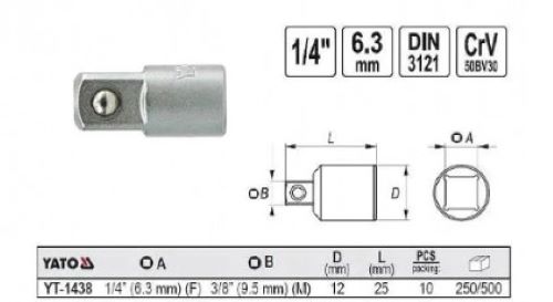 Đầu chuyển 1/4" sang 3/8" dài 25mm Yato YT-1438 - Ba Lan Đầu chuyển 1/4" sang 3/8" dài 25mm Yato YT-1438 - Ba Lan