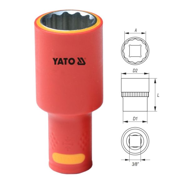 Đầu tuýp 12 cạnh 3/8"x80 size từ 8mm-22mm cách điện 1000V Yato Đầu tuýp 12 cạnh 3/8"x80 size từ 8mm-22mm cách điện 1000V Yato