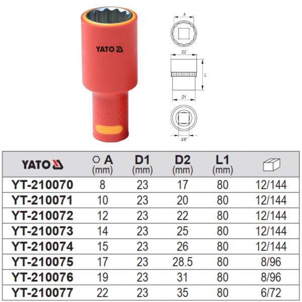 Đầu tuýp 12 cạnh 3/8"x80 size từ 8mm-22mm cách điện 1000V Yato Đầu tuýp 12 cạnh 3/8"x80 size từ 8mm-22mm cách điện 1000V Yato