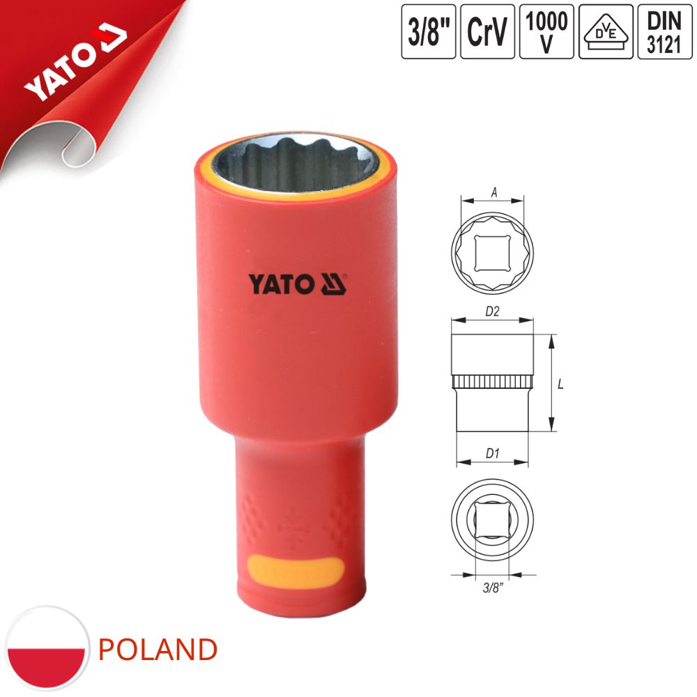 Đầu tuýp 12 cạnh 3/8"x80 size từ 8mm-22mm cách điện 1000V Yato Đầu tuýp 12 cạnh 3/8"x80 size từ 8mm-22mm cách điện 1000V Yato