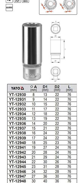 Đầu Tuýp Sao 12 Cạnh 1/2" YATO Dài (8mm-32mm) Đầu Tuýp Sao 12 Cạnh 1/2" YATO Dài (8mm-32mm)