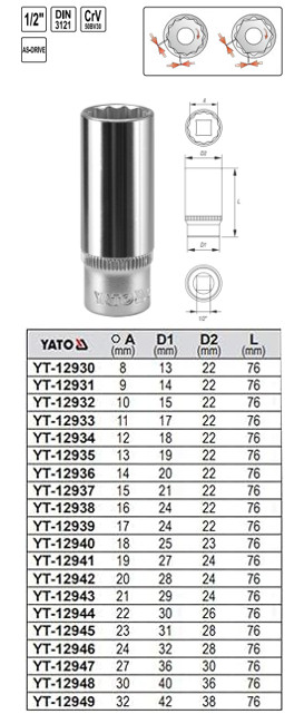 Đầu Tuýp Sao 12 Cạnh 1/2" YATO Dài (8mm-32mm) Đầu Tuýp Sao 12 Cạnh 1/2" YATO Dài (8mm-32mm)