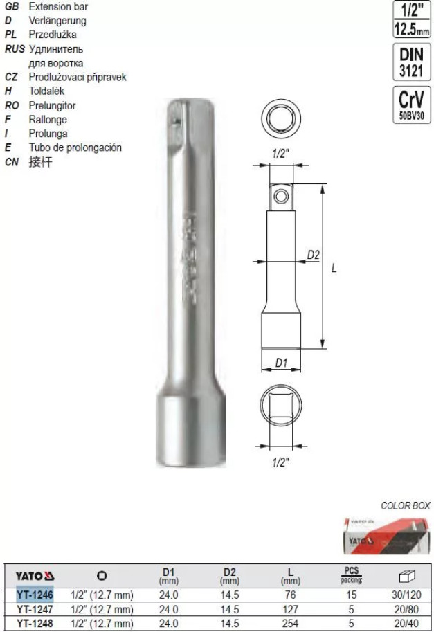 Thanh nối dài 1/2" 76mm - 254mm Yato - Ba Lan Thanh nối dài 1/2" 76mm - 254mm Yato - Ba Lan