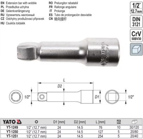 Thanh nối dài 1/2" 76mm - 254mm linh hoạt nghiêng góc 8° Yato - Ba Lan Thanh nối dài 1/2" 76mm - 254mm linh hoạt nghiêng góc 8° Yato - Ba Lan