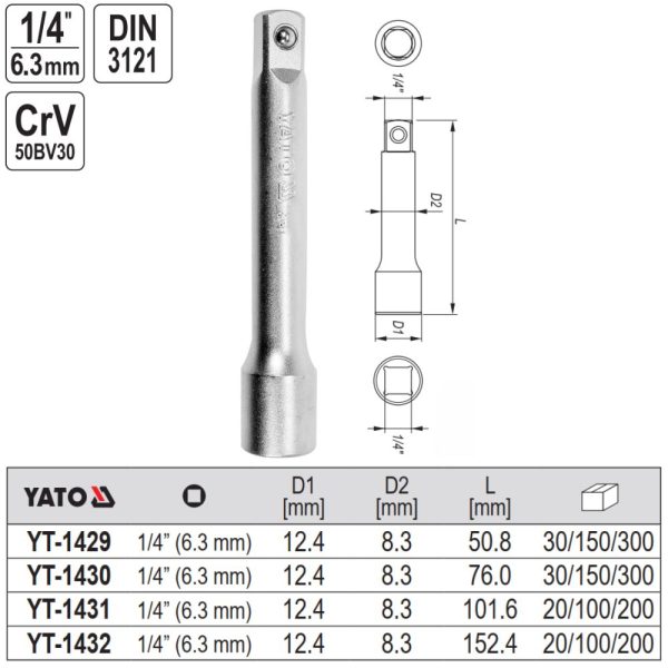 Thanh nối dài 1/4" 51mm đến 153mm Yato - Ba Lan Thanh nối dài 1/4" 51mm đến 153mm Yato - Ba Lan