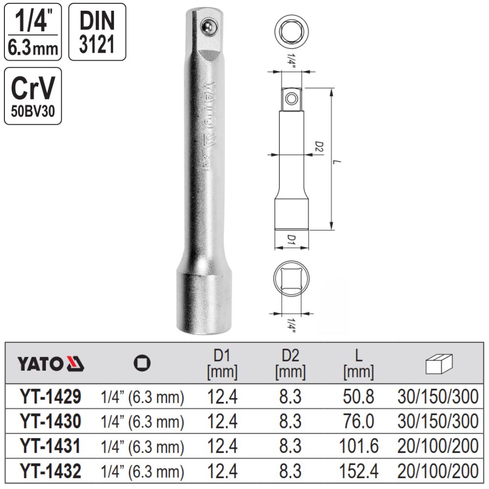 Thanh nối dài 1/4" 51mm đến 153mm Yato - Ba Lan Thanh nối dài 1/4" 51mm đến 153mm Yato - Ba Lan
