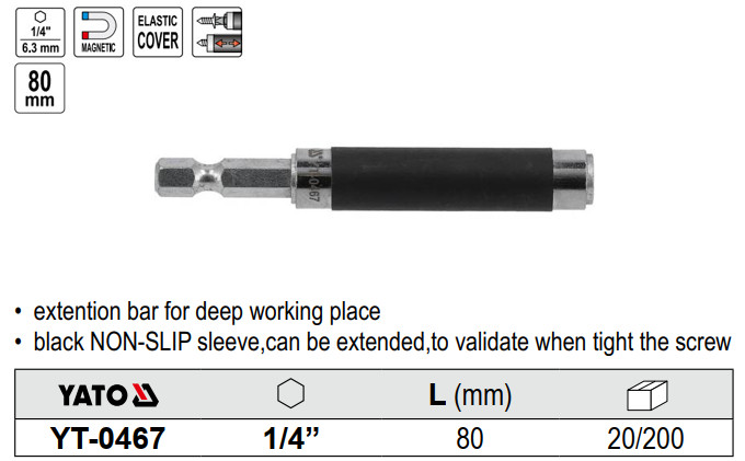 Thanh nối dài 80mm chuôi 1/4″ có từ vỏ cao su Yato YT-0467- Ba Lan Thanh nối dài 80mm chuôi 1/4″ có từ vỏ cao su Yato YT-0467- Ba Lan