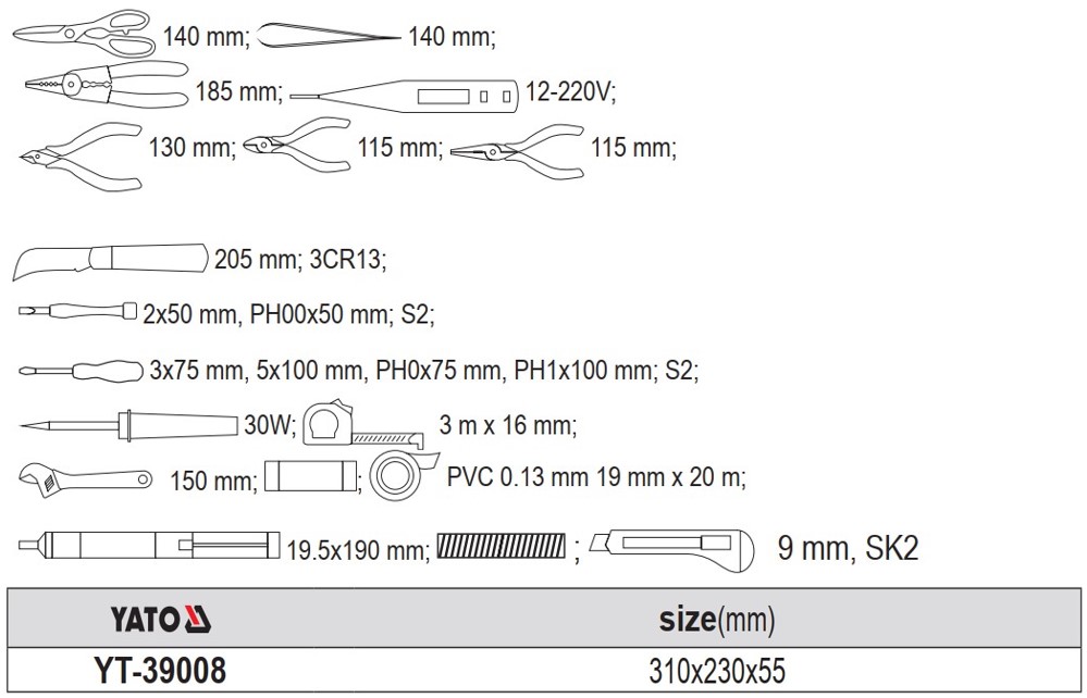 Túi 22 món dụng cụ sửa chữa điện gia dụng Yato YT-39008 Túi 22 món dụng cụ sửa chữa điện gia dụng Yato YT-39008