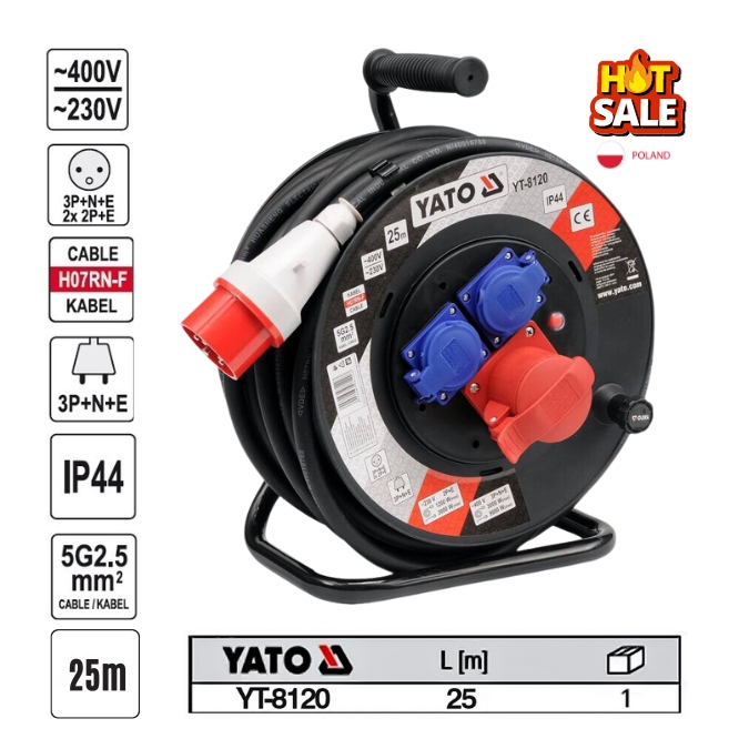 Cuộn dây điện Rulo 3 pha + 2 pha 25m YATO YT-8120 Ba Lan Cuộn dây điện Rulo 3 pha + 2 pha 25m YATO YT-8120 Ba Lan