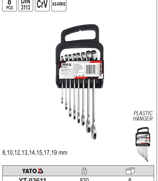 Bộ cờ lê vòng miệng 8 chi tiết 8-19mm Yato YT-03611 Ba Lan Bộ cờ lê vòng miệng 8 chi tiết 8-19mm Yato YT-03611 Ba Lan