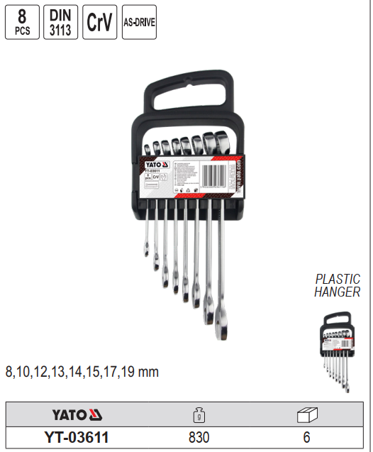 Bộ cờ lê vòng miệng 8 chi tiết 8-19mm Yato YT-03611 Ba Lan Bộ cờ lê vòng miệng 8 chi tiết 8-19mm Yato YT-03611 Ba Lan
