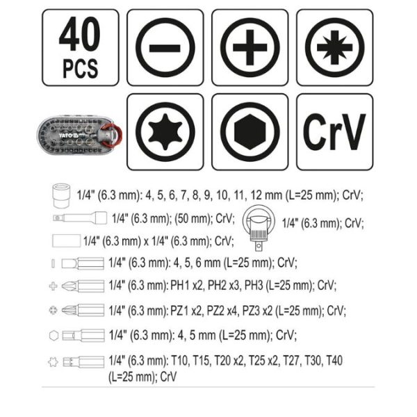 Bộ Mũi Vít & Đầu Khẩu Tay Vặn 40 Chi Tiết Yato YT-27960 Bộ Mũi Vít & Đầu Khẩu Tay Vặn 40 Chi Tiết Yato YT-27960