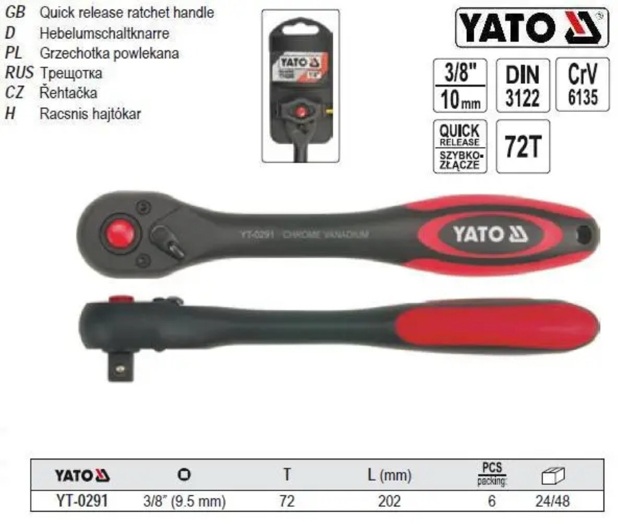 Cần siết tự động 3/8" dạng thẳng 202mm Yato YT-0291 - Ba Lan Cần siết tự động 3/8" dạng thẳng 202mm Yato YT-0291 - Ba Lan