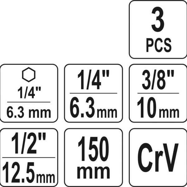 Bộ 3 đầu chuyển lục giác 1/4" sang 1/4" 3/8" 1/2" 150mm Yato YT-04628 - Ba Lan Bộ 3 đầu chuyển lục giác 1/4" sang 1/4" 3/8" 1/2" 150mm Yato YT-04628 - Ba Lan