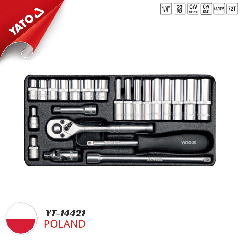 Bộ tuýp tay vặn 1/4" 23 chi tiết Yato YT-14421 Bộ tuýp tay vặn 1/4" 23 chi tiết Yato YT-14421