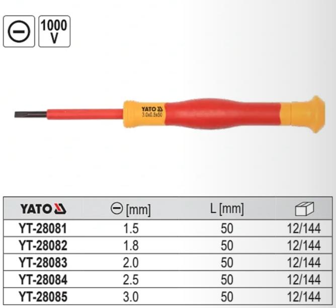 Tua Vít Dẹt Chính Xác Cách Điện YATO YT-28081 đến YT-28085 Tua Vít Dẹt Chính Xác Cách Điện YATO YT-28081 đến YT-28085: Chuẩn An Toàn 1000V Cho Điện Tử & Vi Mạch