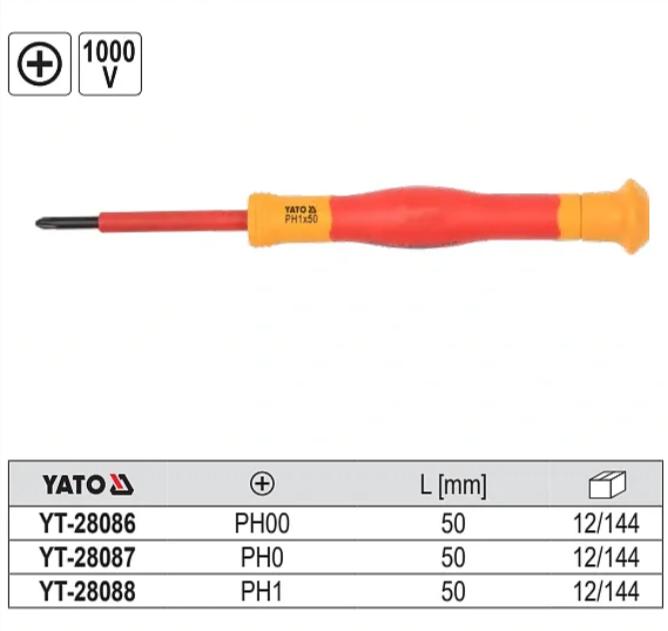 Tua Vít Bake (Phillips) Chính Xác Cách Điện YATO YT-28086 đến YT-28088 Tua Vít Bake (Phillips) Chính Xác Cách Điện YATO YT-28086 đến YT-28088: Chuẩn An Toàn 1000V Cho Điện Tử & Vi Mạch