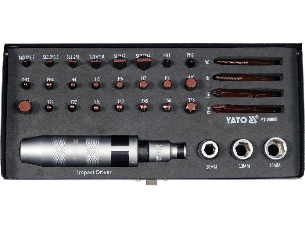 Bộ tua vít đóng YATO YT-28000-32 chi tiết-1/2 inch Bộ tua vít đóng YATO YT-28000 gồm 32 chi tiết, đầu 1/2 inch